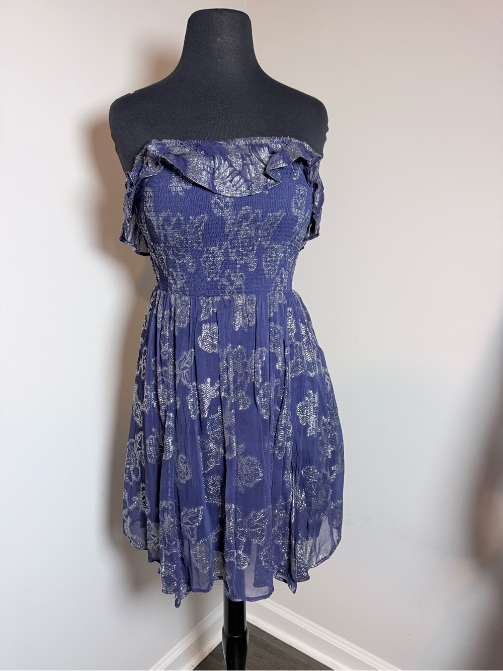Free People Navy Silver Floral Strapless Mini Dress – Size Large